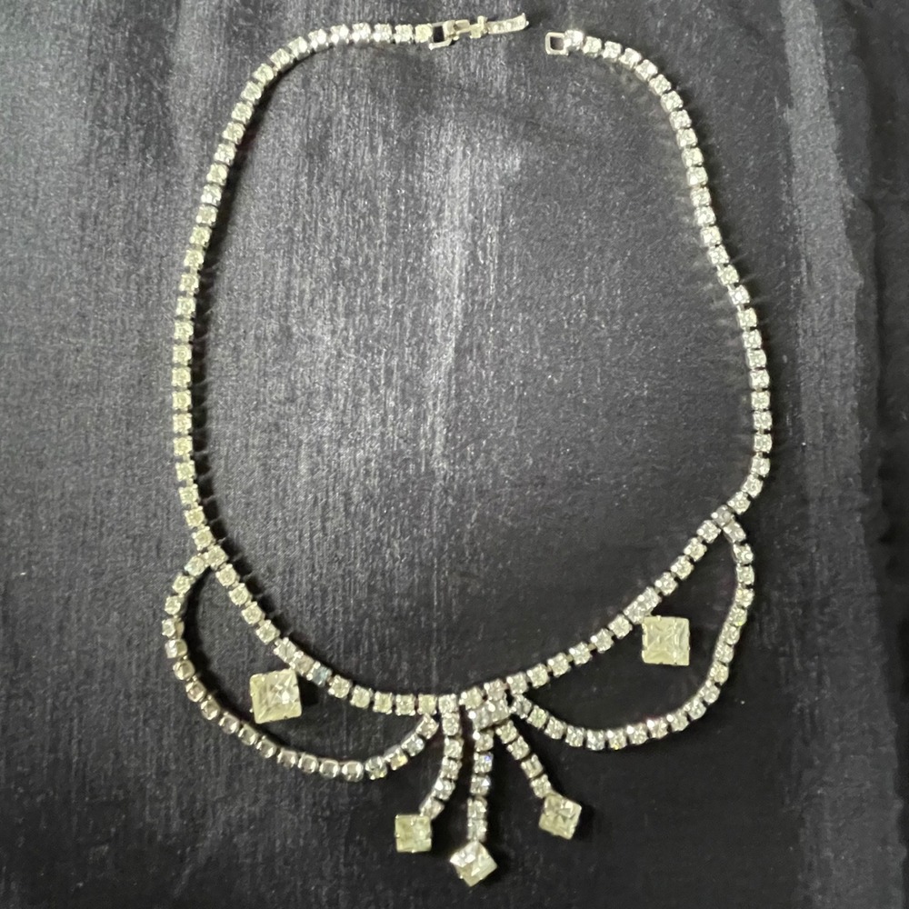 Vintage Silver Tone Rhinestone Bib‎ Fringe Drop Necklace Mid Century festoon